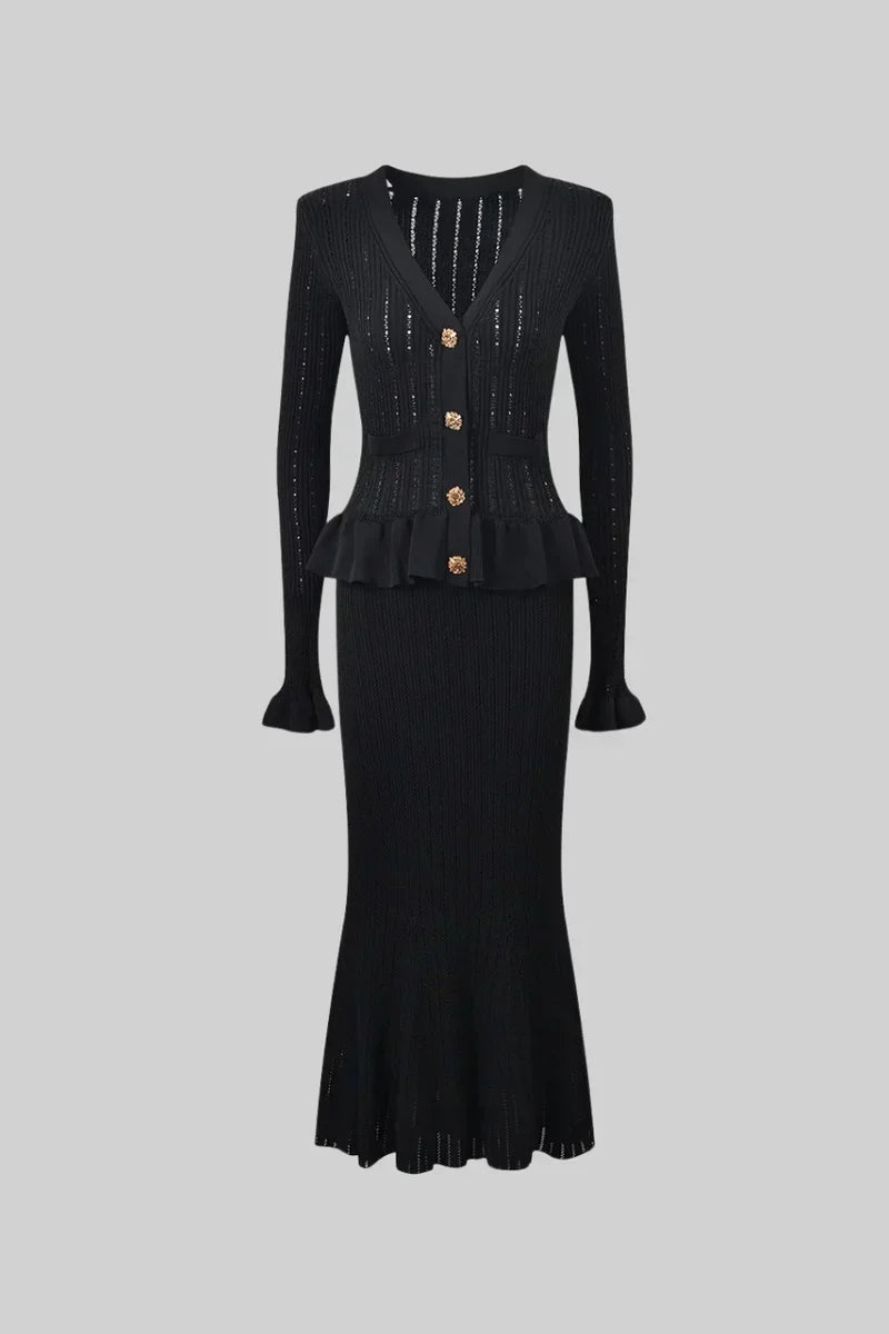 Prudence Knit Ensemble: Ruffled Cardigan and Flared Midi Skirt