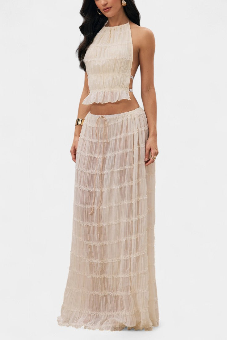 Eugenie Halter Neck Pleated Ensemble with Flowing High-Waisted Skirt