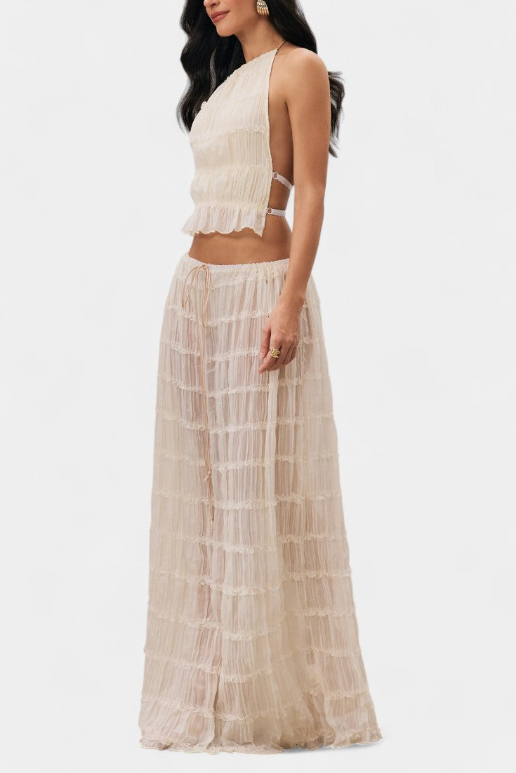 Eugenie Halter Neck Pleated Ensemble with Flowing High-Waisted Skirt