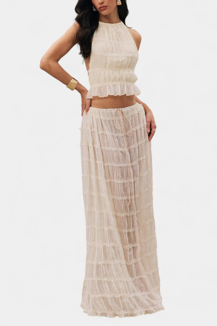 Eugenie Halter Neck Pleated Ensemble with Flowing High-Waisted Skirt