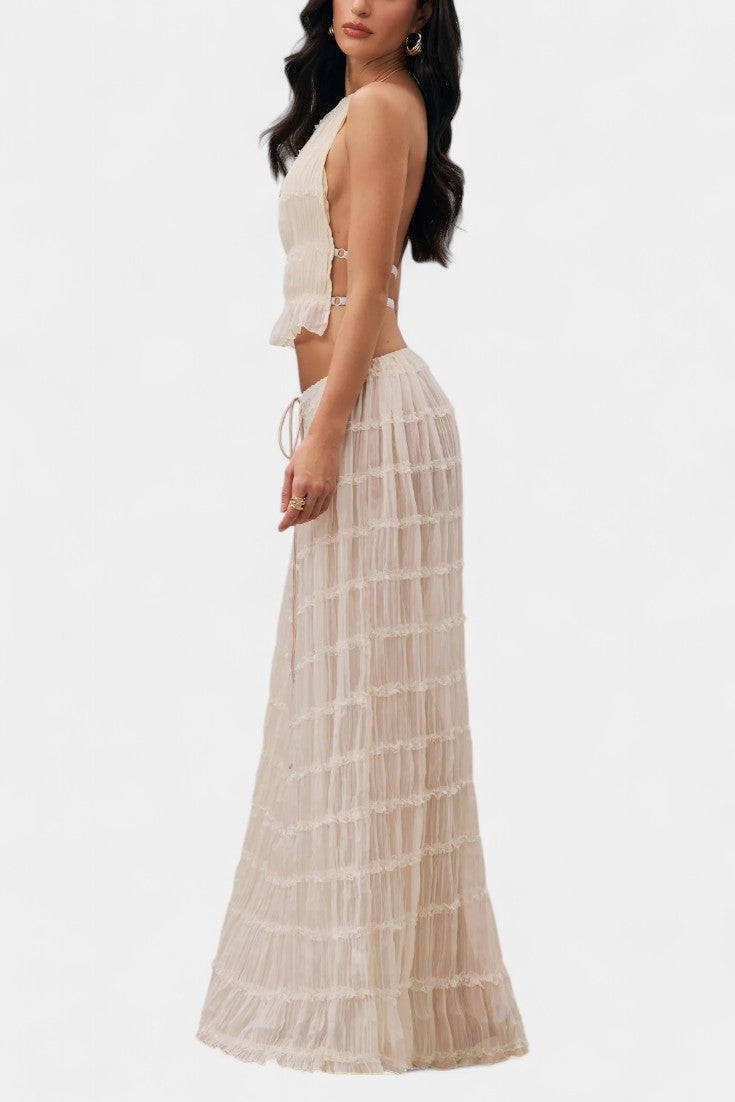 Eugenie Halter Neck Pleated Ensemble with Flowing High-Waisted Skirt