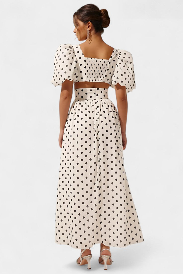 Sherine Polka Dot Ensemble: Puff Sleeve Top with Front Slit Skirt
