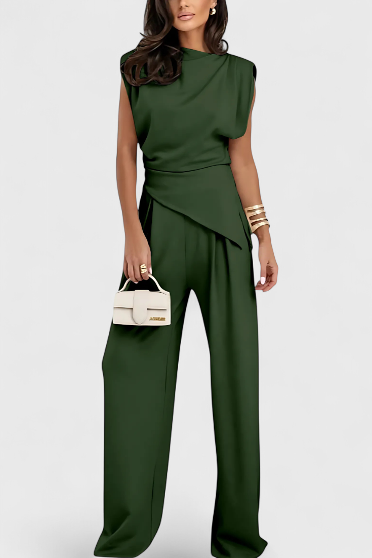 Sofia Asymmetrical Set with Draped Shoulders and Flared Pants