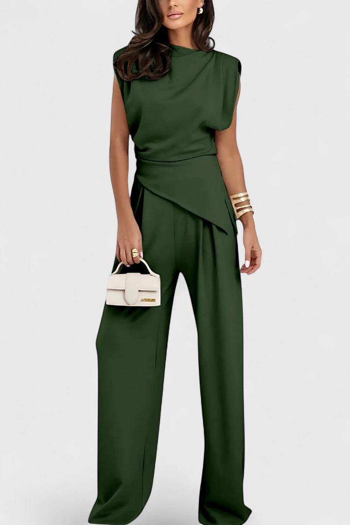 Sofia Asymmetrical Set with Draped Shoulders and Flared Pants