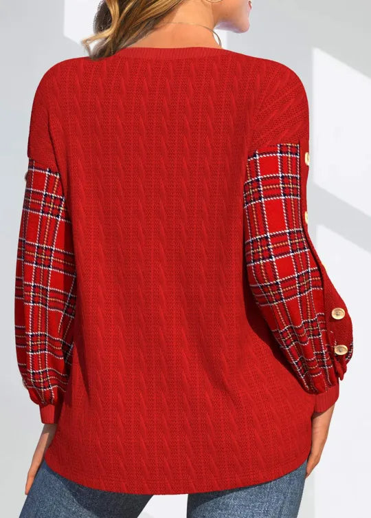 Ida | Red Knit Sweater with Checkered Sleeves