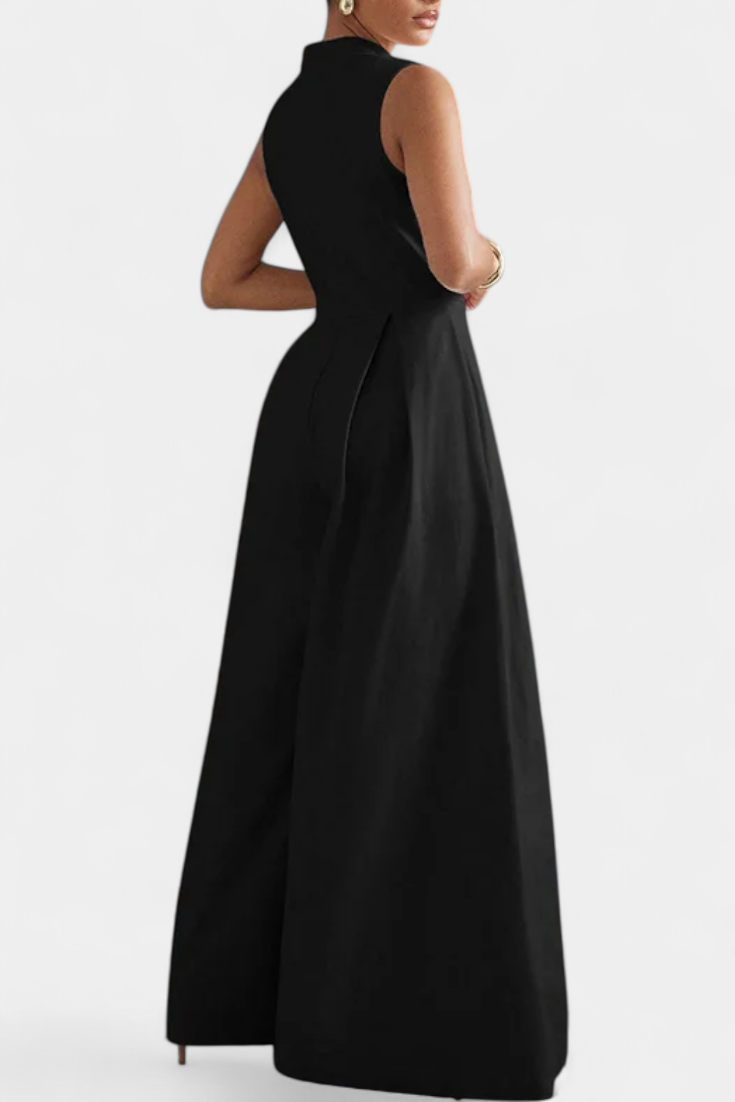 Blanca Pleated Wide Leg Jumpsuit with Round Neck