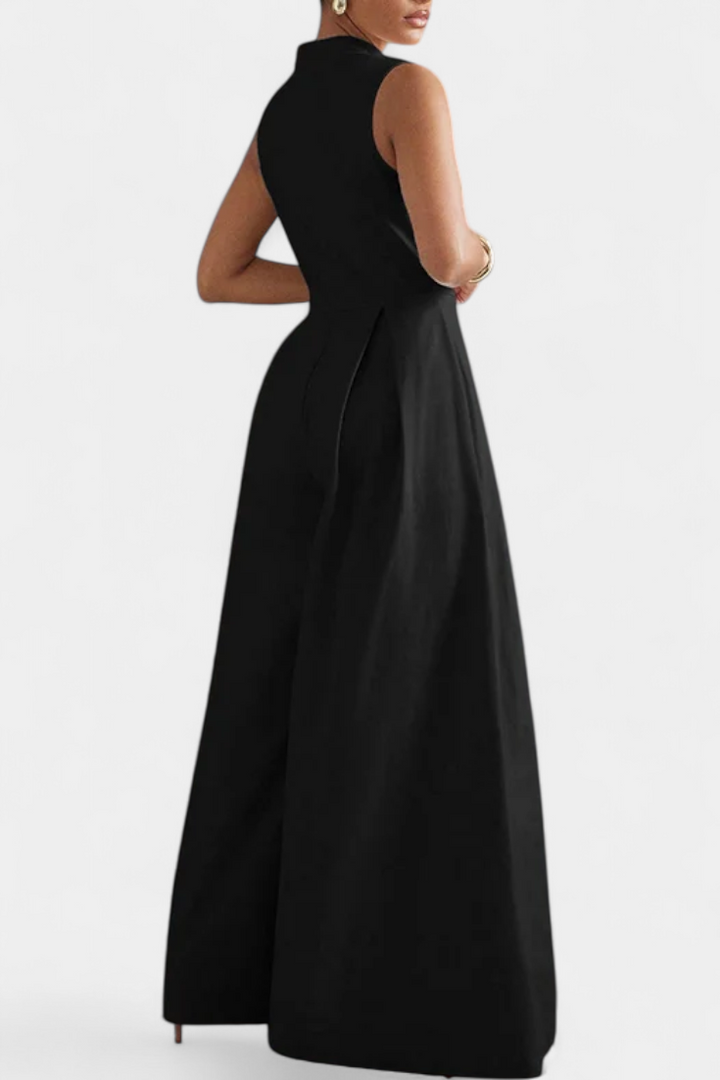 Blanca Pleated Wide Leg Jumpsuit with Round Neck