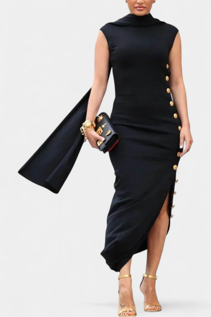 Asymmetrical Sleeveless Dress by Aphrodite Featuring Elegant Golden Buttons