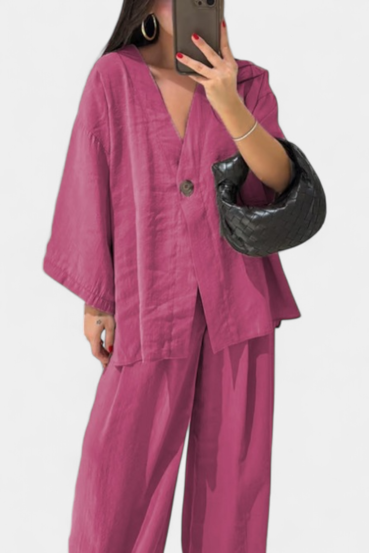 Eli V-Neck Top with Straight-Leg Pants Set