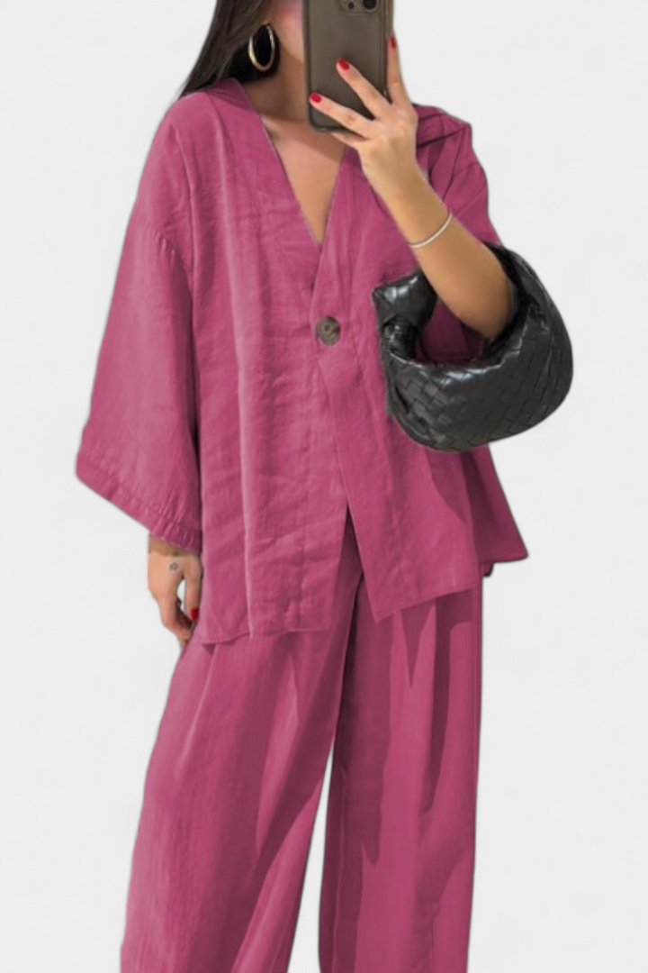 Eli V-Neck Top with Straight-Leg Pants Set