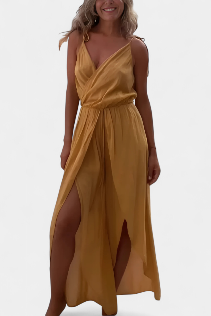 Donatila Washed Cotton Jumpsuit with Crisscross Neckline and Open Legs