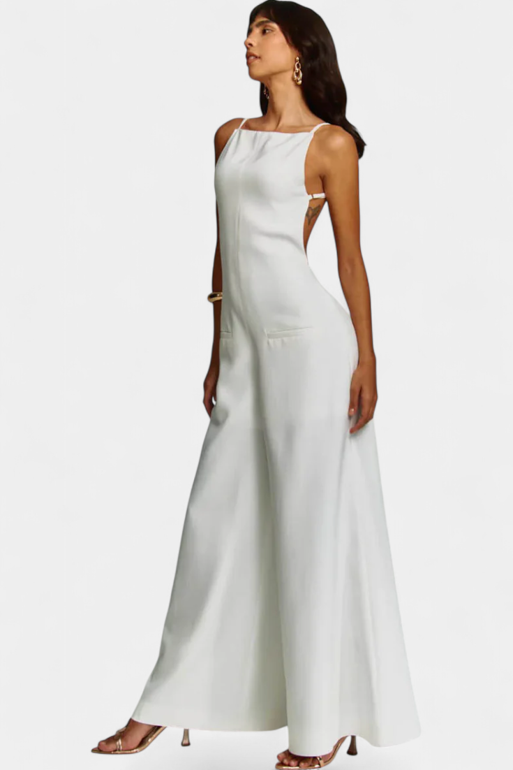 Belén Ramie Wide-Leg Halter Jumpsuit with Straight Neckline