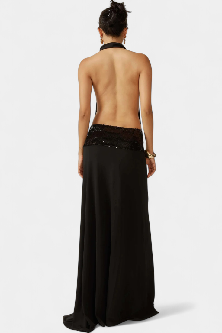 Georgia Halter Dress with Open Back and Sequin Accents
