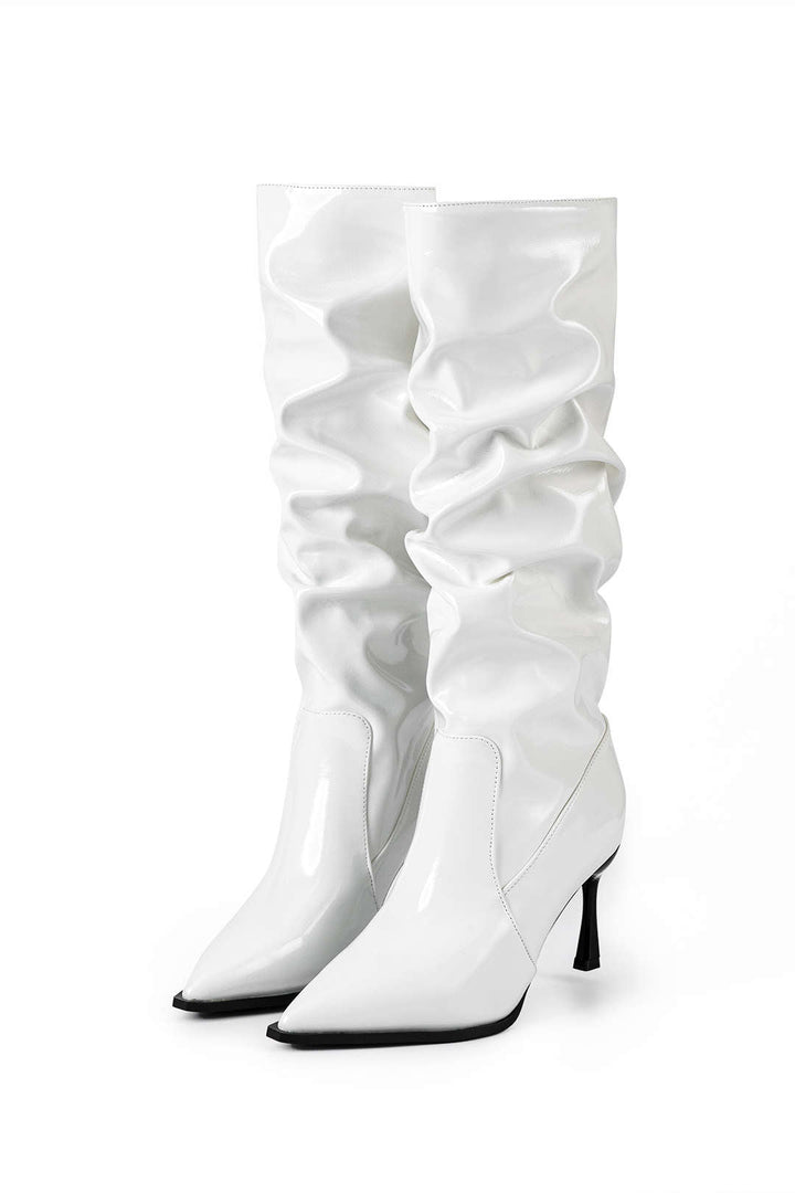Pleated Faux Leather Pointed Toe Boots