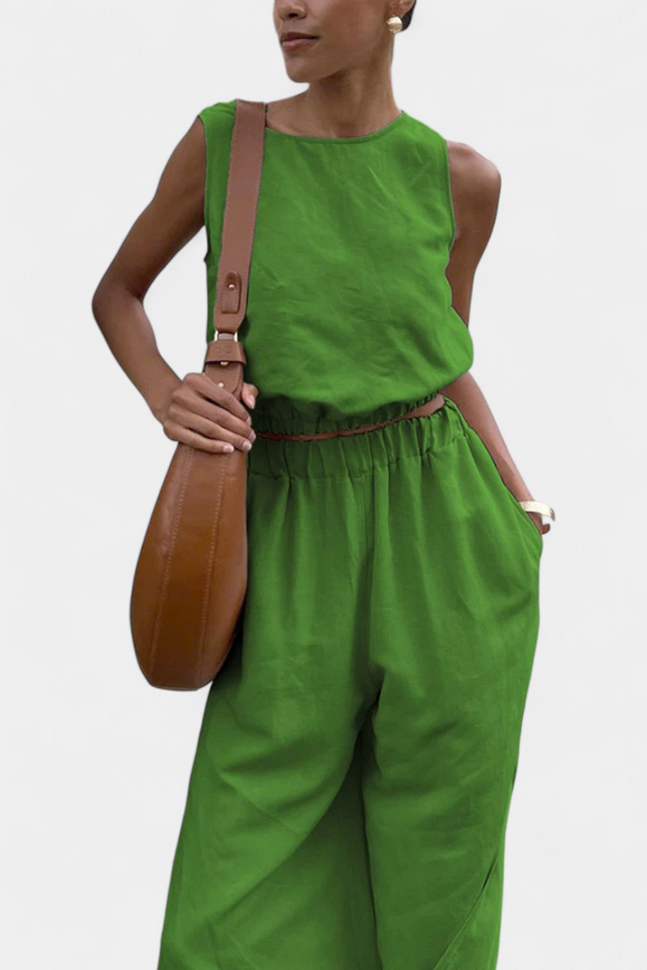 Portia Sleeveless Cotton-Linen Set with Wide-Leg Trousers