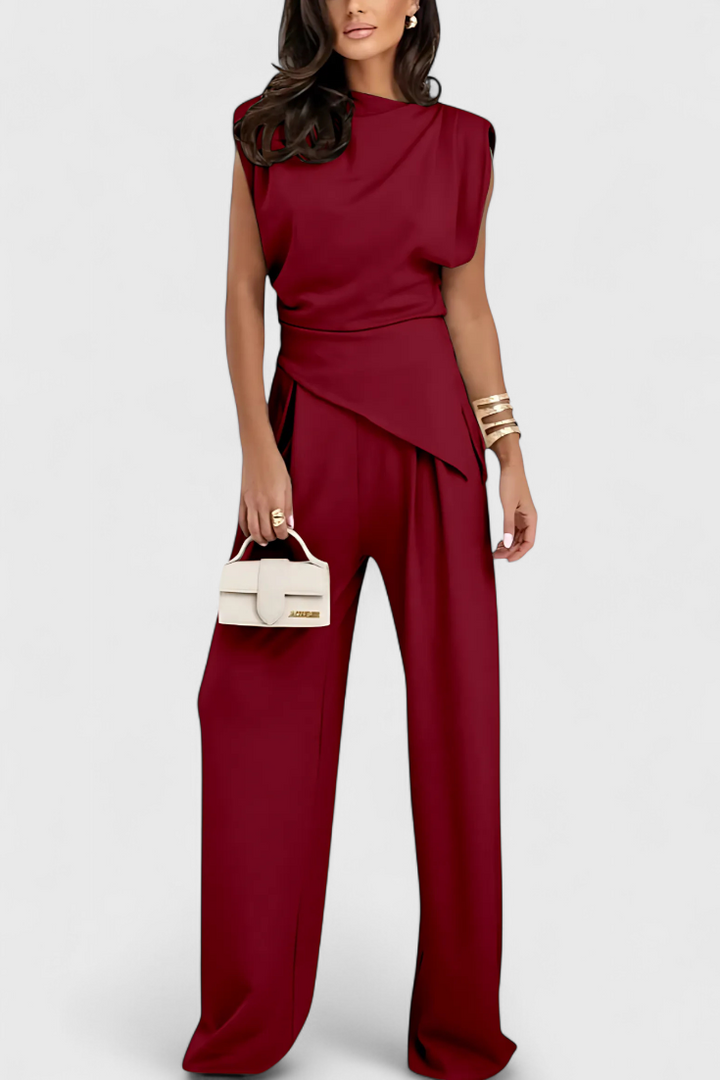 Sofia Asymmetrical Set with Draped Shoulders and Flared Pants