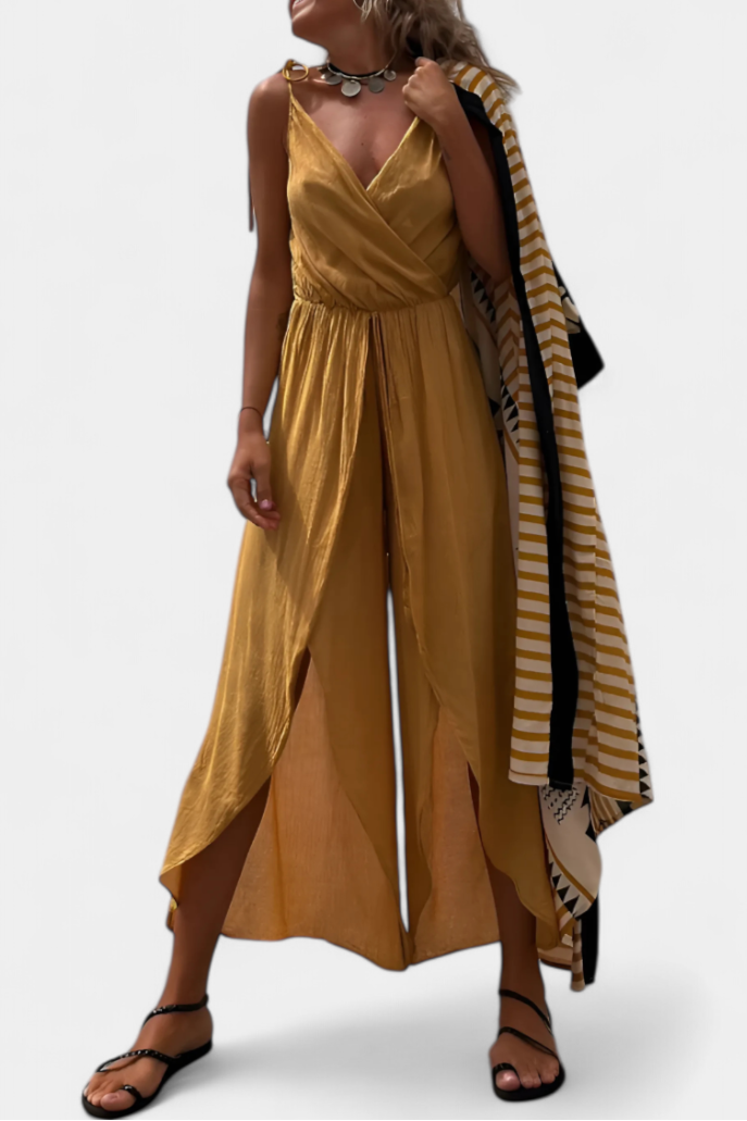 Donatila Washed Cotton Jumpsuit with Crisscross Neckline and Open Legs