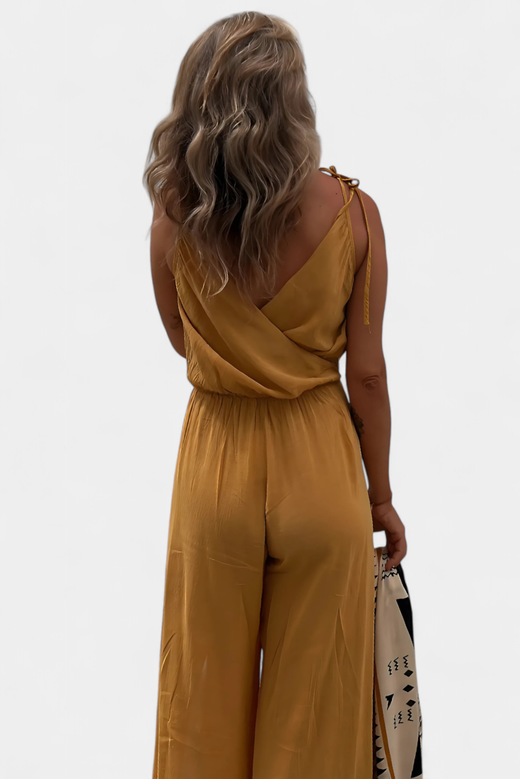 Donatila Washed Cotton Jumpsuit with Crisscross Neckline and Open Legs