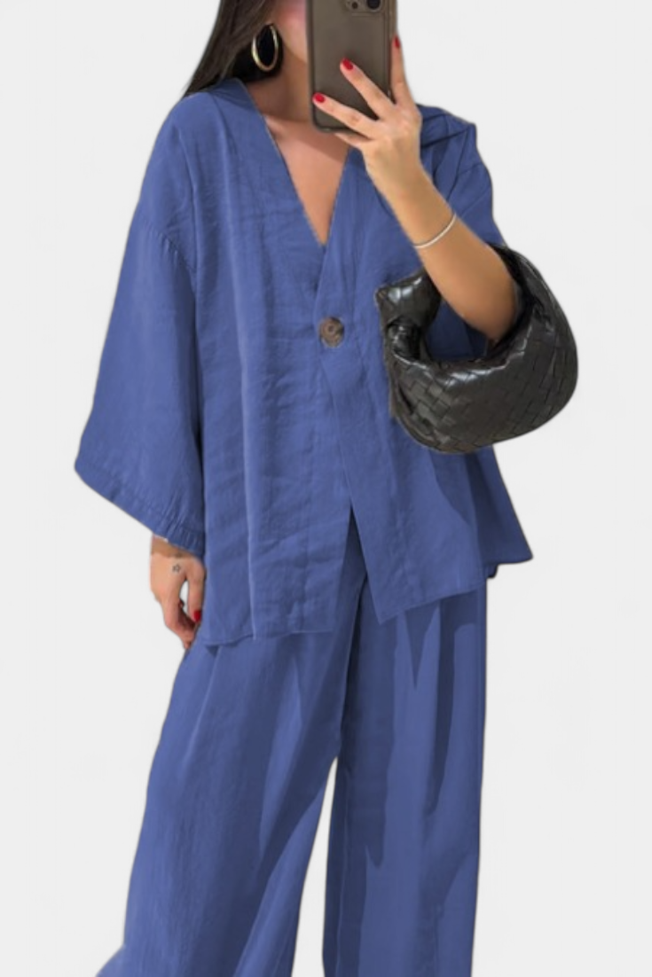 Eli V-Neck Top with Straight-Leg Pants Set