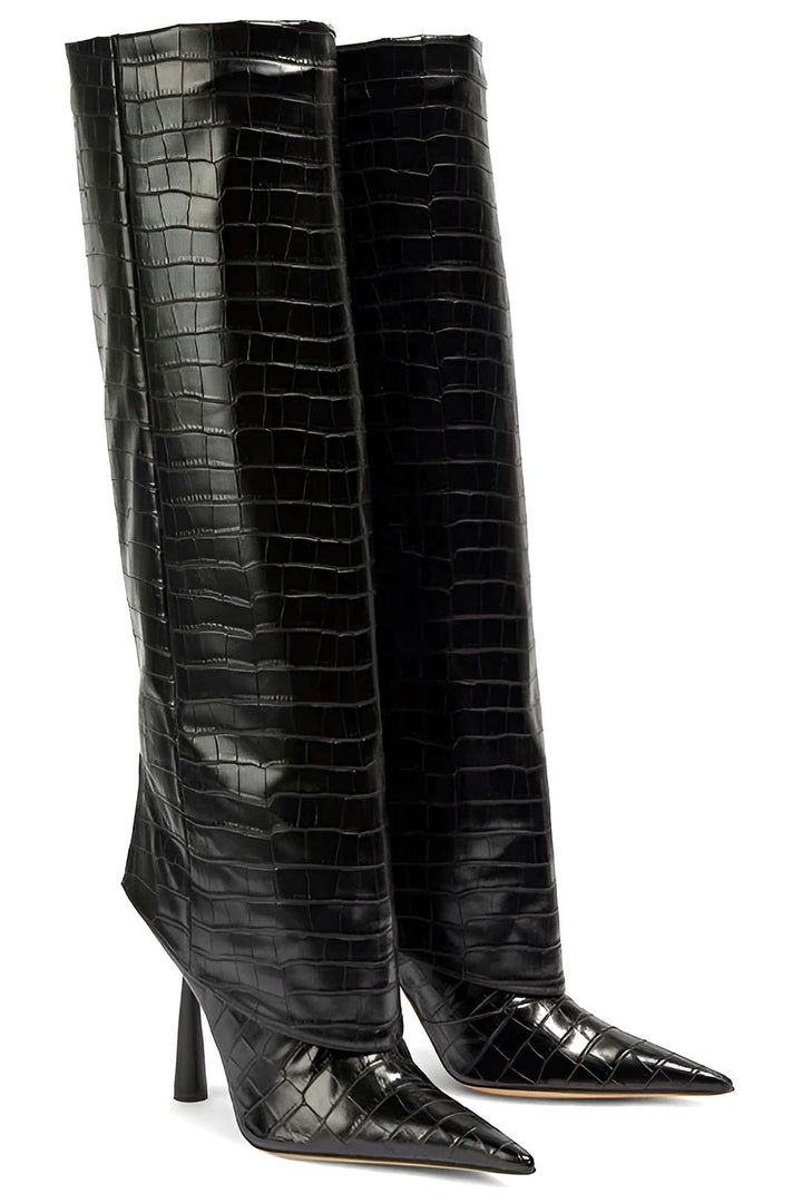 Pointed Toe High Heeled Boots in Crocodile-Patterned Synthetic Leather