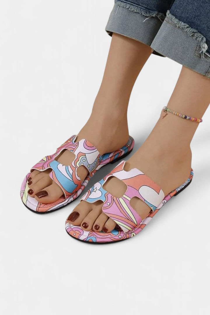 Tropical Print Open Design Berenice Flat Sandals