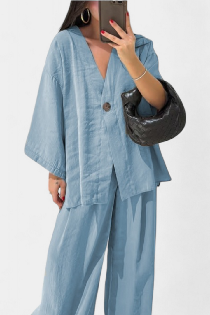 Eli V-Neck Top with Straight-Leg Pants Set