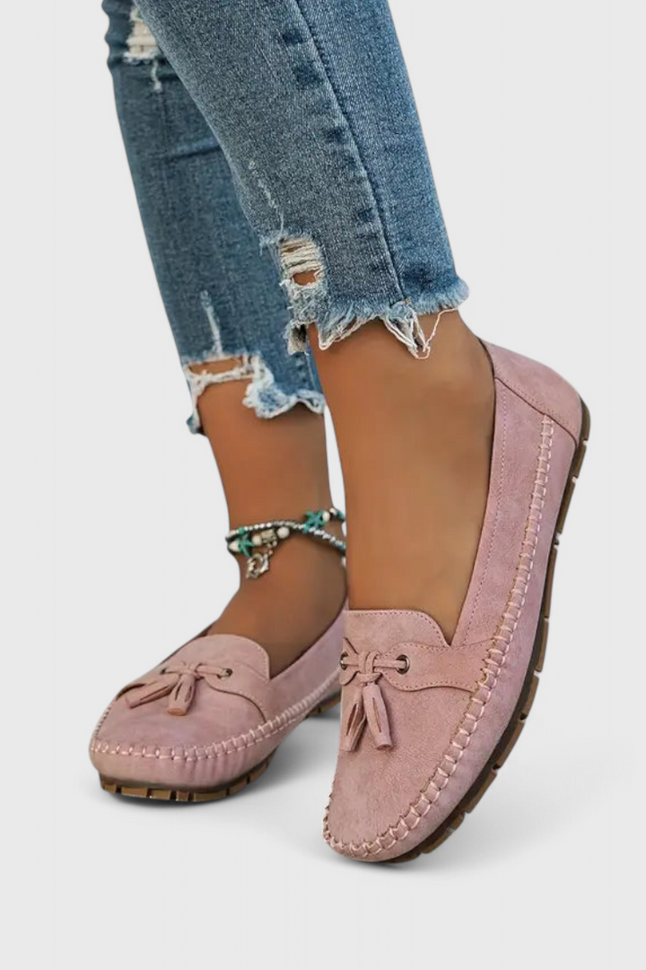 Elegant Fringed Peony Suede Moccasins