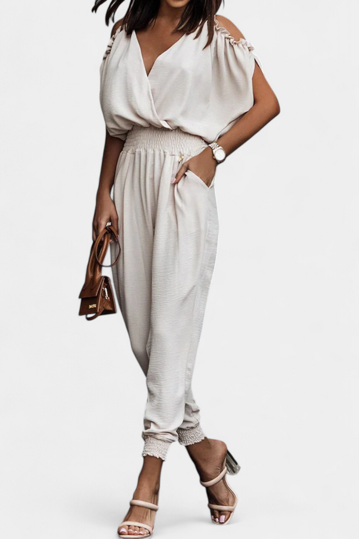 Solene Off-Shoulder Jumpsuit with Crossed V-Neck and Knotted Detail