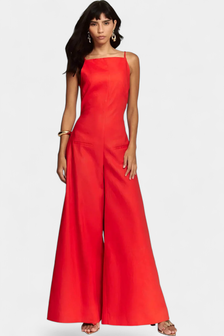 Belén Ramie Wide-Leg Halter Jumpsuit with Straight Neckline