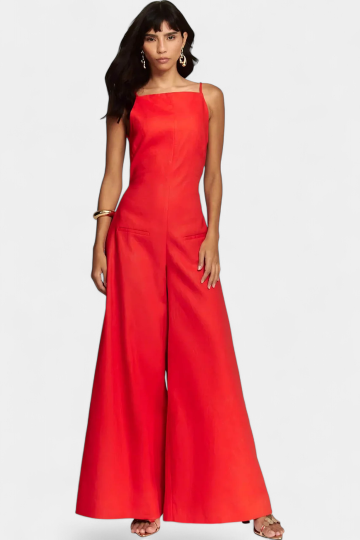 Belén Ramie Wide-Leg Halter Jumpsuit with Straight Neckline