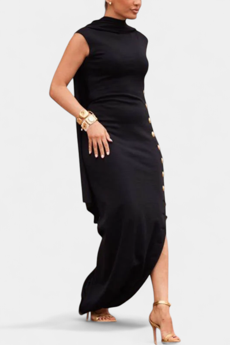 Asymmetrical Sleeveless Dress by Aphrodite Featuring Elegant Golden Buttons