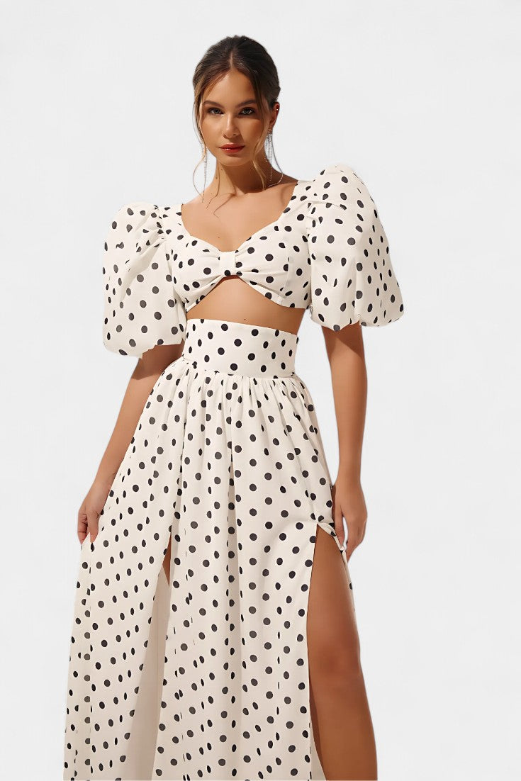 Sherine Polka Dot Ensemble: Puff Sleeve Top with Front Slit Skirt