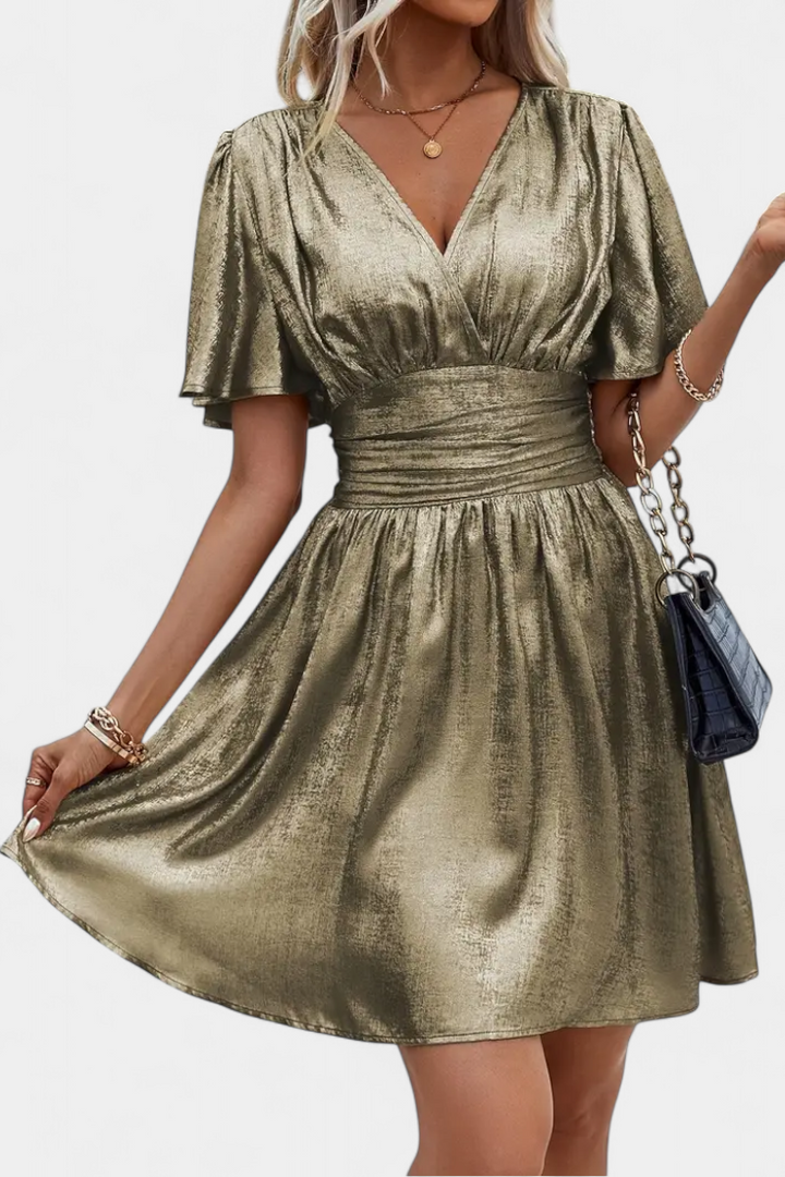 Adalee V-Neck Wrap Dress with Elegant Flowing Sleeves