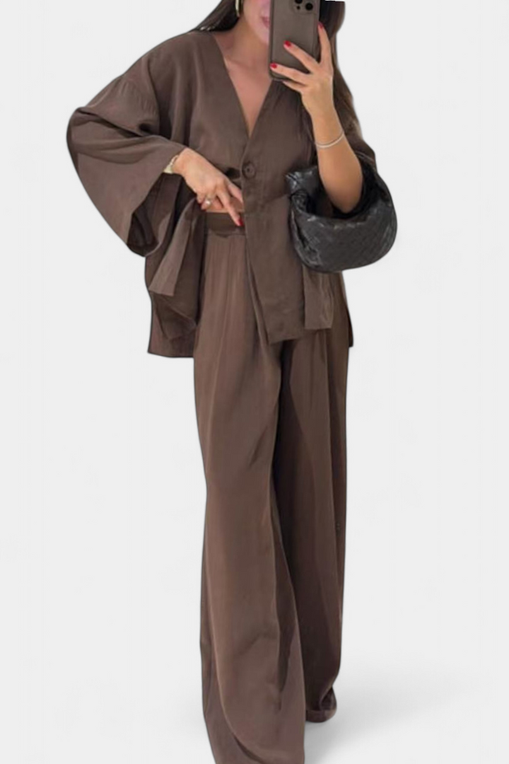 Eli V-Neck Top with Straight-Leg Pants Set