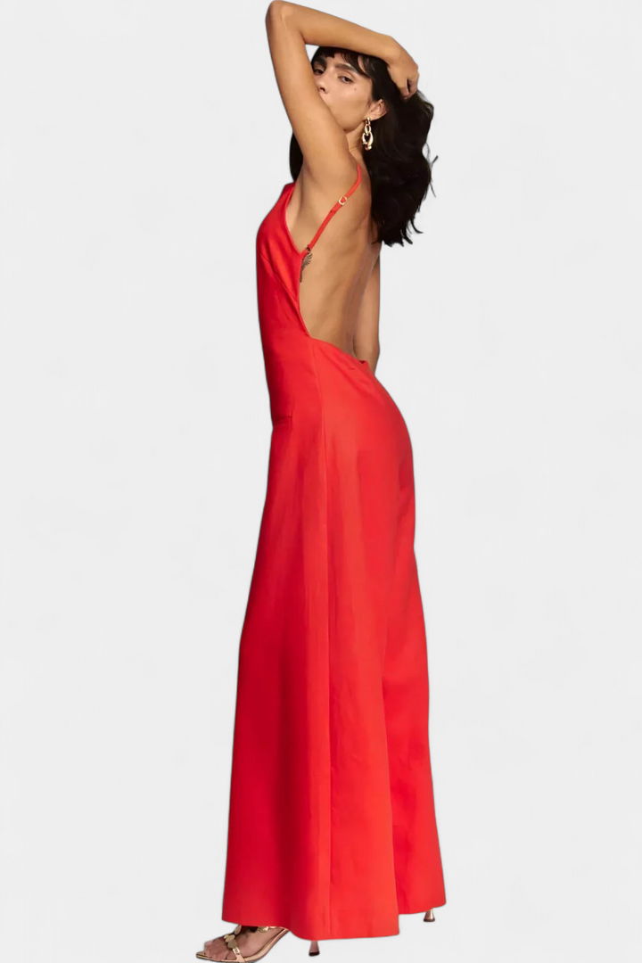 Belén Ramie Wide-Leg Halter Jumpsuit with Straight Neckline