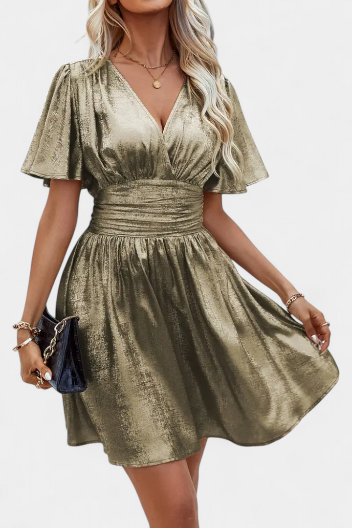 Adalee V-Neck Wrap Dress with Elegant Flowing Sleeves