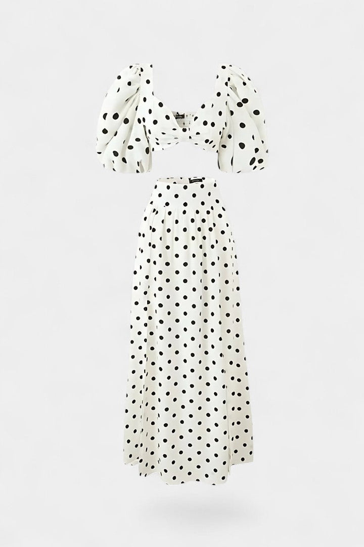 Sherine Polka Dot Ensemble: Puff Sleeve Top with Front Slit Skirt