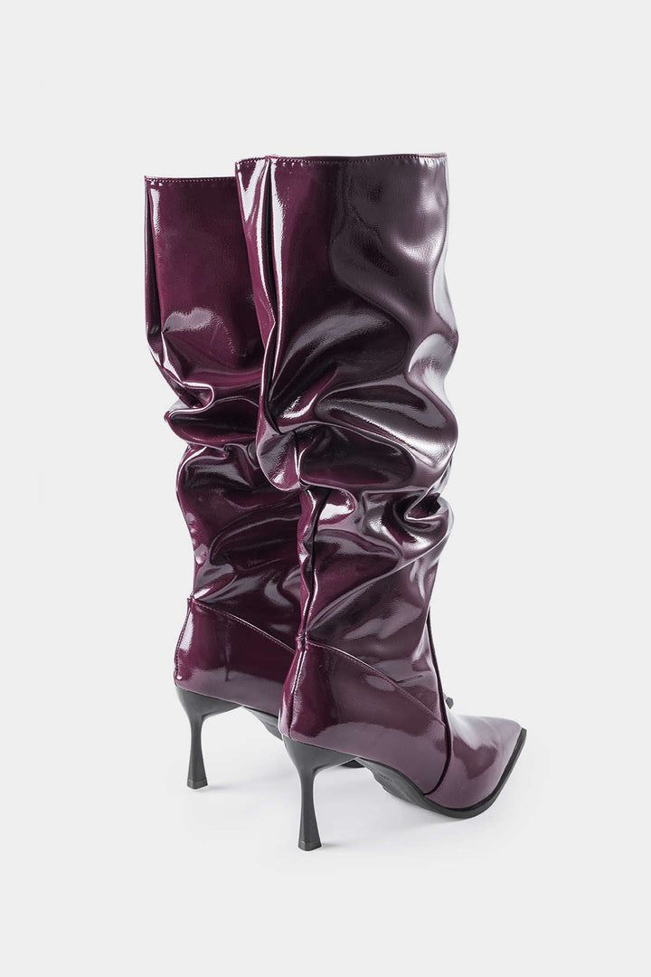 Pleated Faux Leather Pointed Toe Boots
