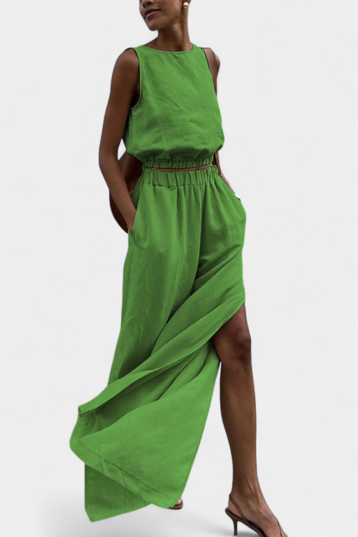 Portia Sleeveless Cotton-Linen Set with Wide-Leg Trousers