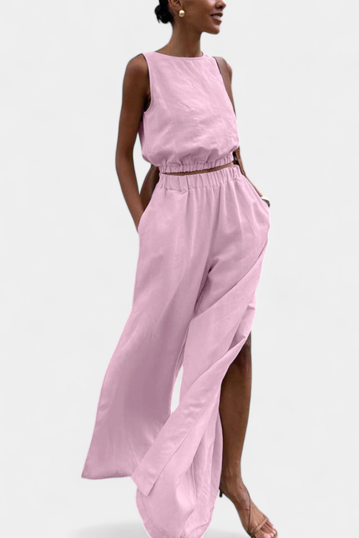 Portia Sleeveless Cotton-Linen Set with Wide-Leg Trousers