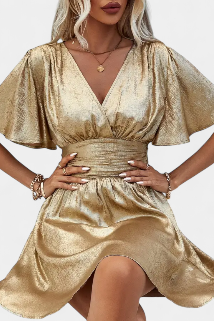 Adalee V-Neck Wrap Dress with Elegant Flowing Sleeves