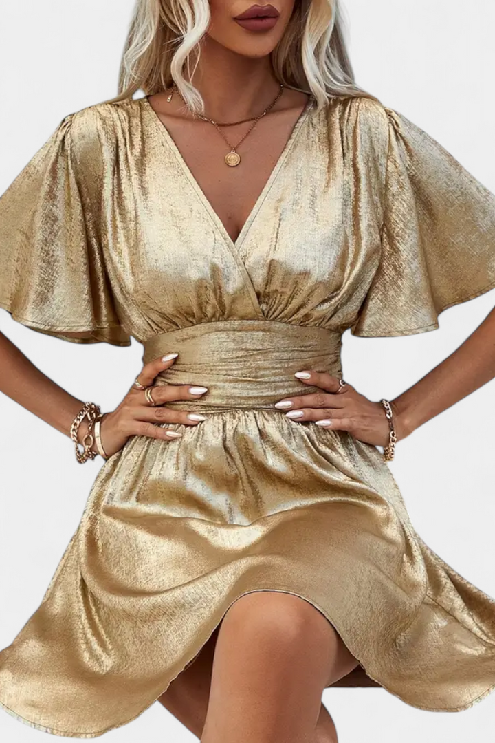 Adalee V-Neck Wrap Dress with Elegant Flowing Sleeves