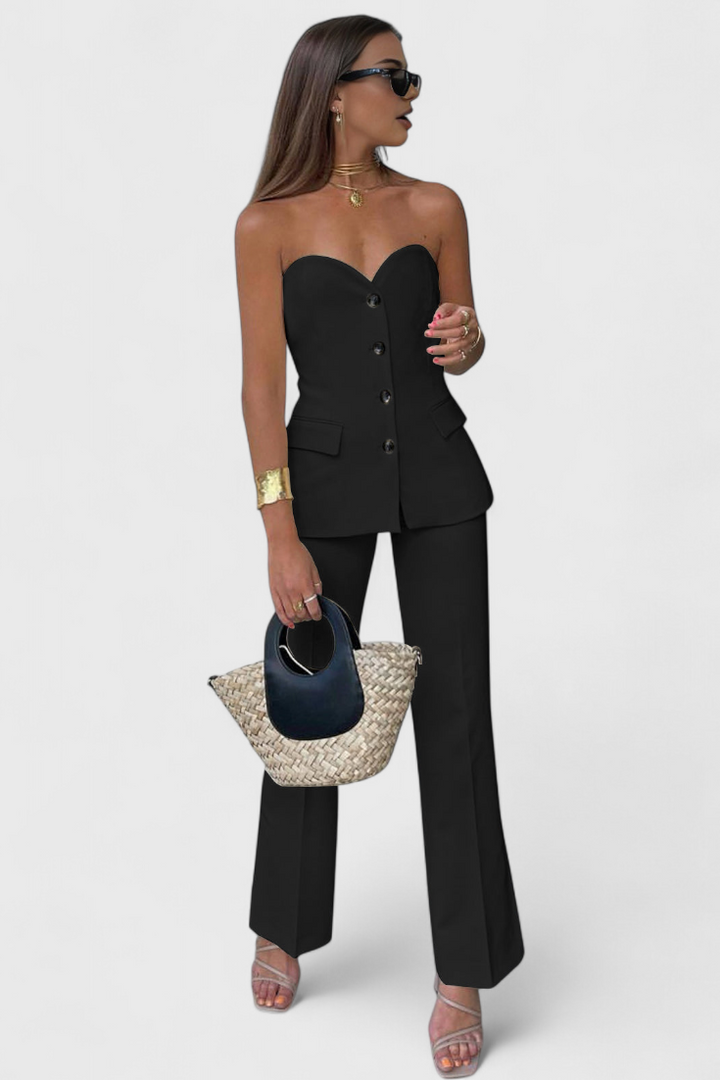 Paesha Sleeveless Minimalist Ensemble with Flared Trousers