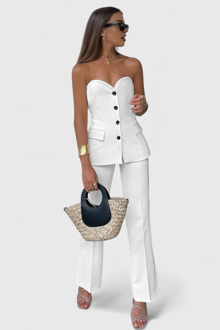 Paesha Sleeveless Minimalist Ensemble with Flared Trousers