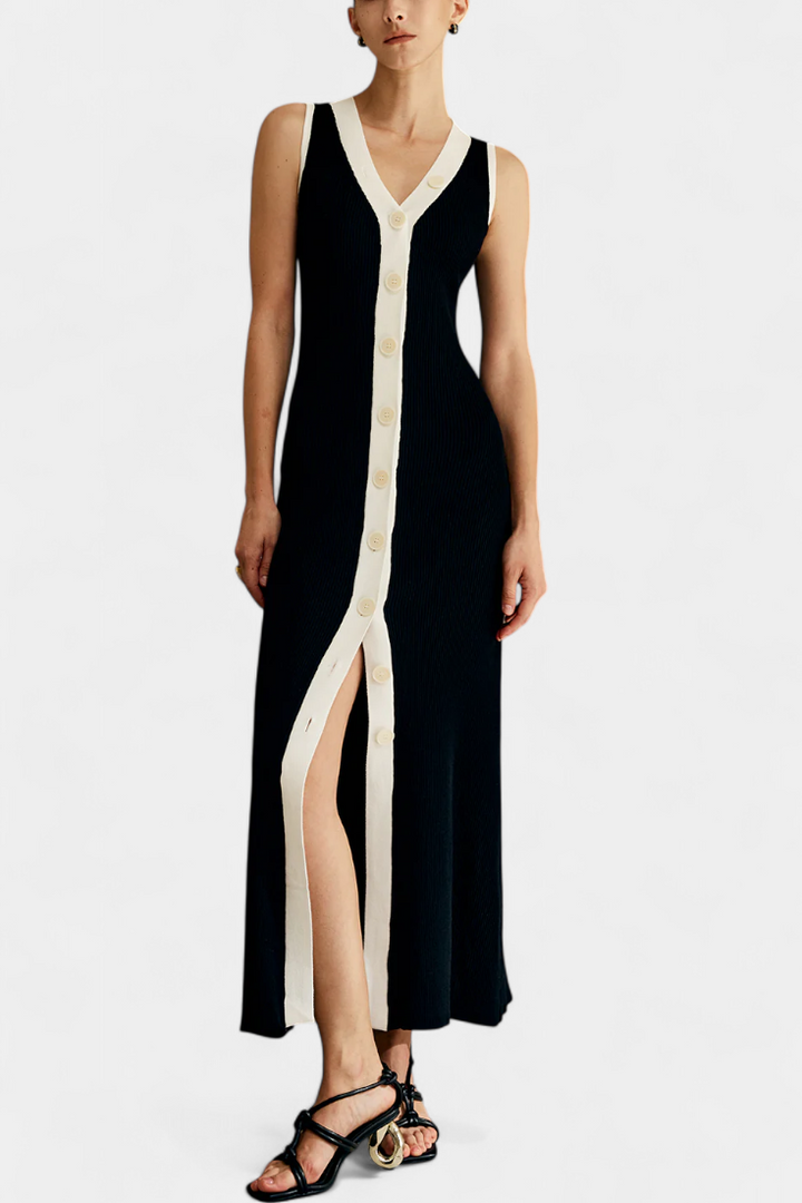Brielle V-Neck Long Ribbed Dress with Contrast Button Detail