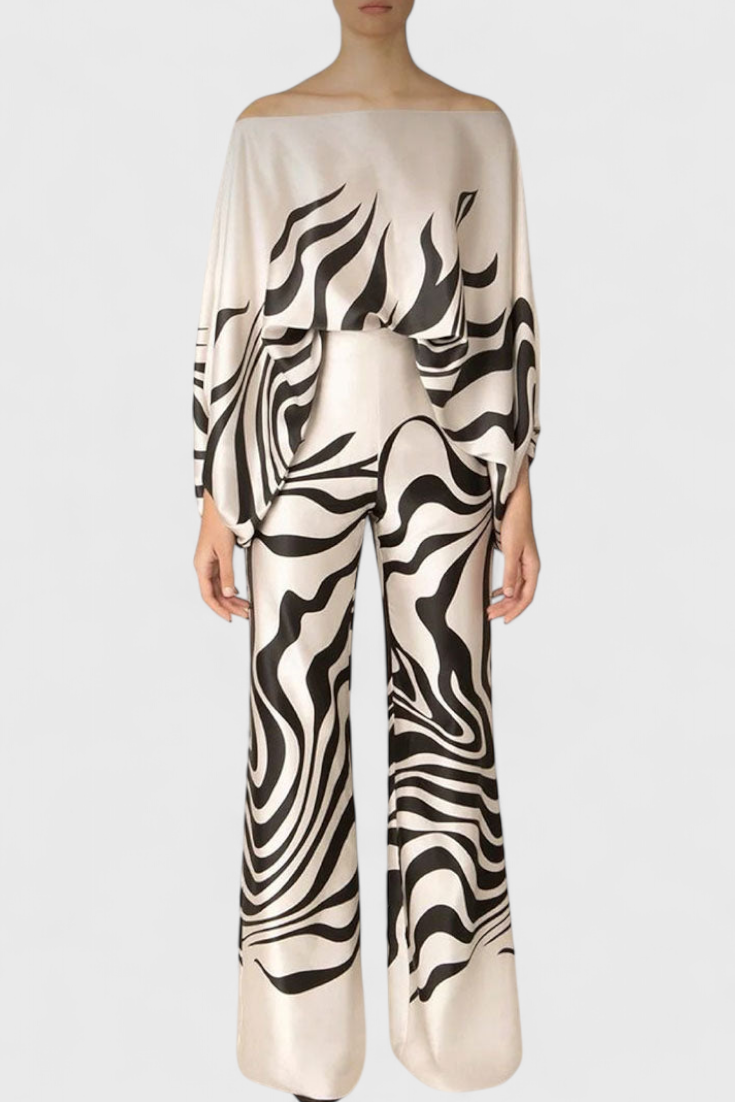 Artistic Print Off-the-Shoulder Top and Wide-Leg Pants Set by Sybella