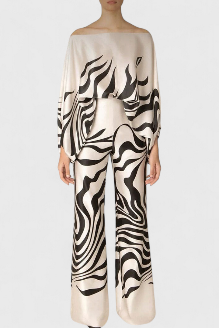 Artistic Print Off-the-Shoulder Top and Wide-Leg Pants Set by Sybella