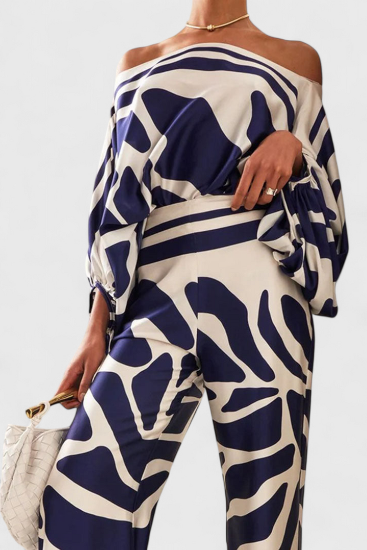 Artistic Print Off-the-Shoulder Top and Wide-Leg Pants Set by Sybella