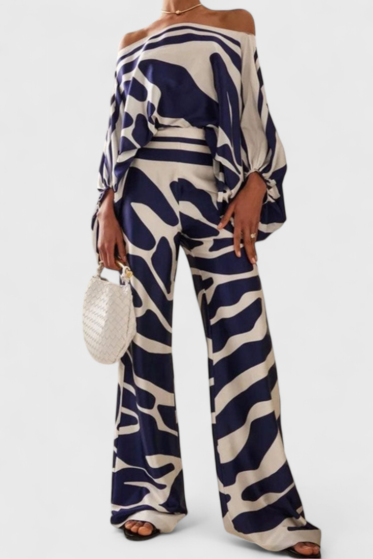 Artistic Print Off-the-Shoulder Top and Wide-Leg Pants Set by Sybella