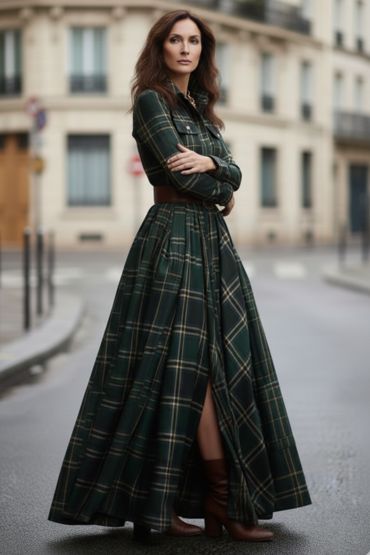 Eustelle Green Plaid Maxi Dress with Collar